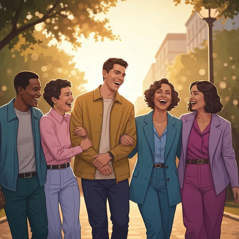 A group of aesthetic young adults laughing together for pictures of friends during golden hour.