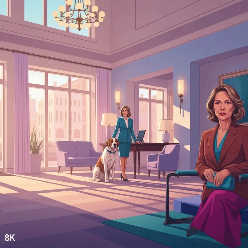 A stylish traveler checking into one of the pet friendly hotels macon ga with her large dog in a boutique lobby.