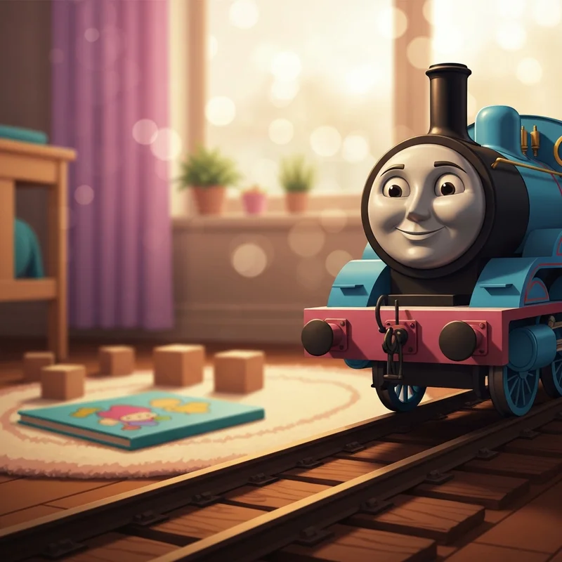 A classic thomas and friends book sitting on a nursery rug next to a wooden train set.