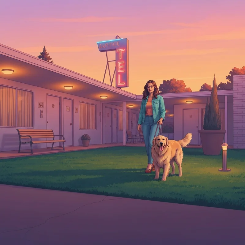 A happy dog and owner walking near a safe and welcoming dog friendly motel.