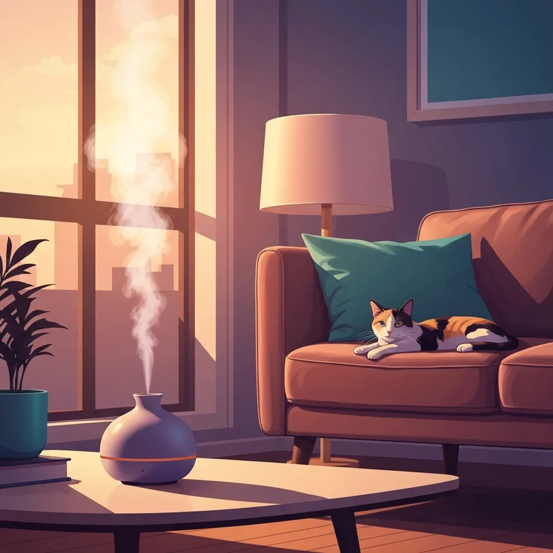 A calm cat resting near a diffuser using cat friendly essential oils in a peaceful home setting.