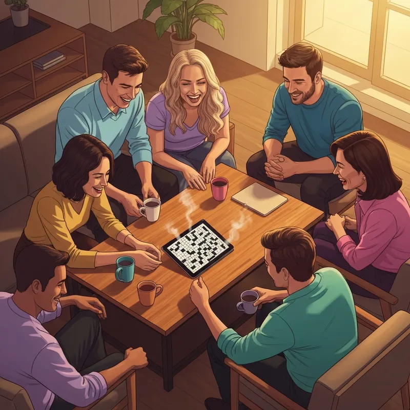 A group of friends solving a groups of friends crossword puzzle together in a cozy setting.