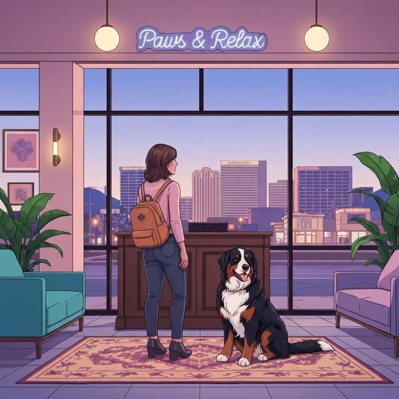 A woman and her large dog checking into one of the best dog friendly hotels reno nv has to offer.