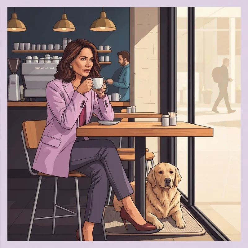 A stylish woman and her golden retriever relaxing at a pet friendly cafe near me during a sunny morning.