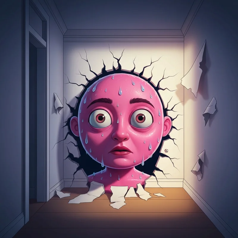 A detailed surrealist depiction of Jeremy Smiling Friends, the pink wall guy, looking unhinged in a hallway.