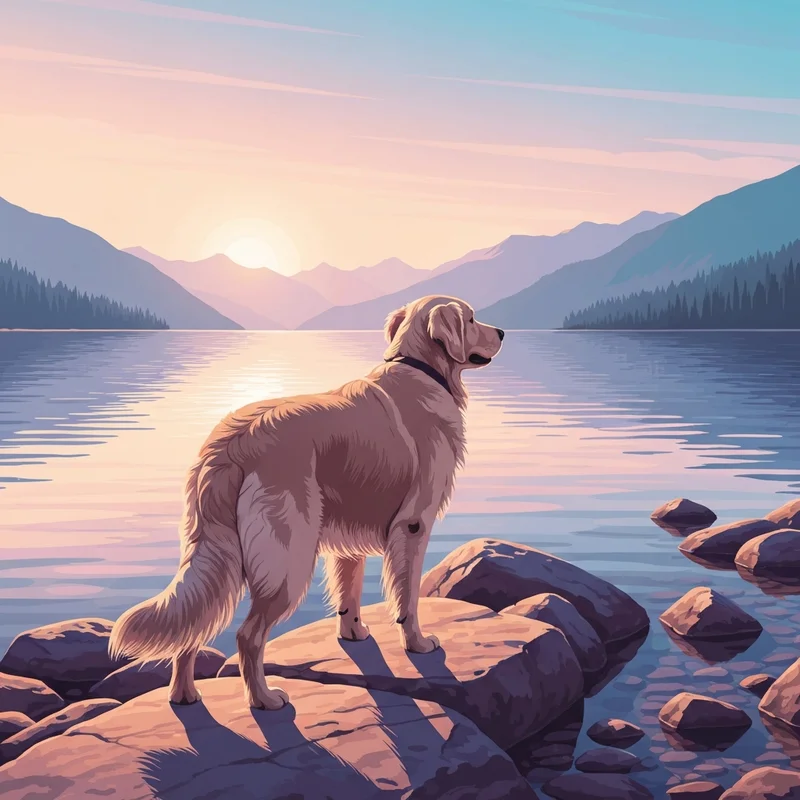 A happy dog enjoying one of the many dog friendly lakes during a peaceful sunset.