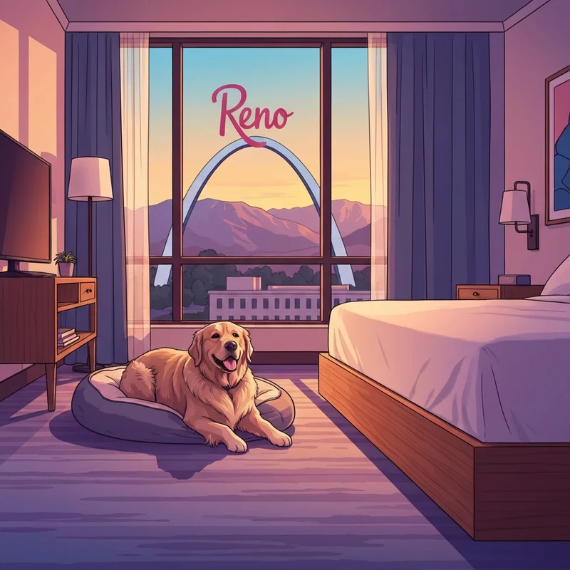 A happy large dog relaxing in one of the best pet friendly hotels reno nv with a view of the city skyline.