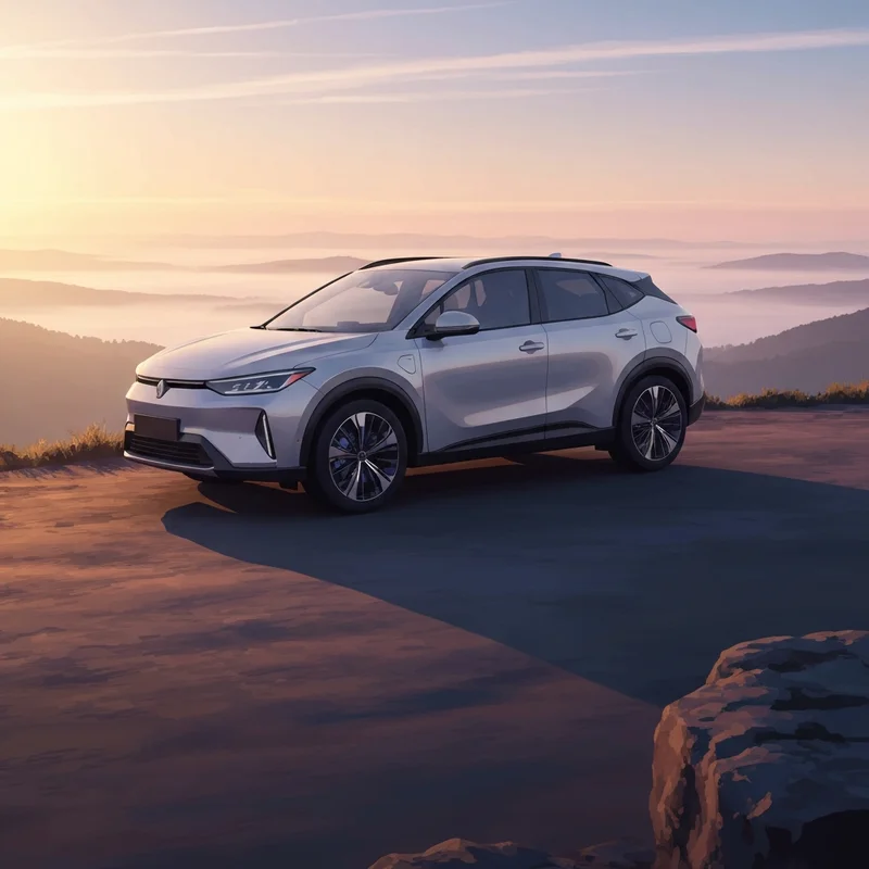 A modern silver fuel friendly suv parked at a scenic overlook during a golden hour sunrise.