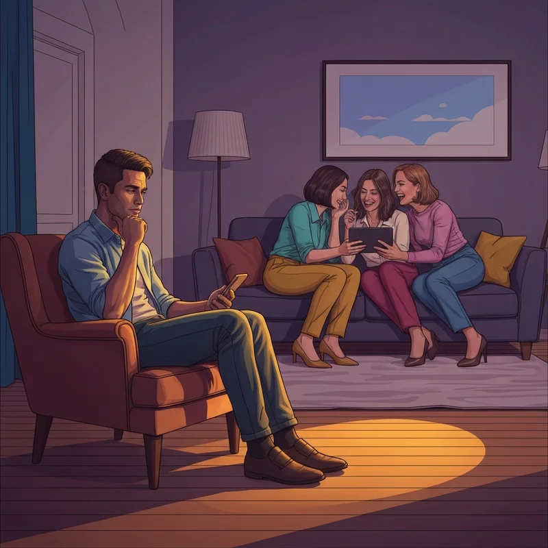 A young adult feeling excluded in a group setting while friends having sex and sharing stories are the center of attention.