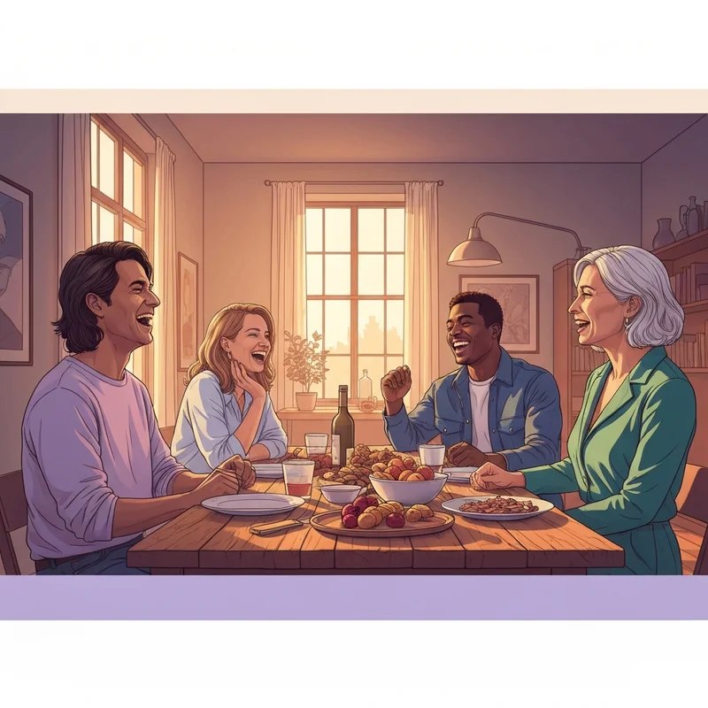 A diverse group of friends celebrating Friendsgiving and sharing thanksgiving quotes to friends in a cozy apartment.