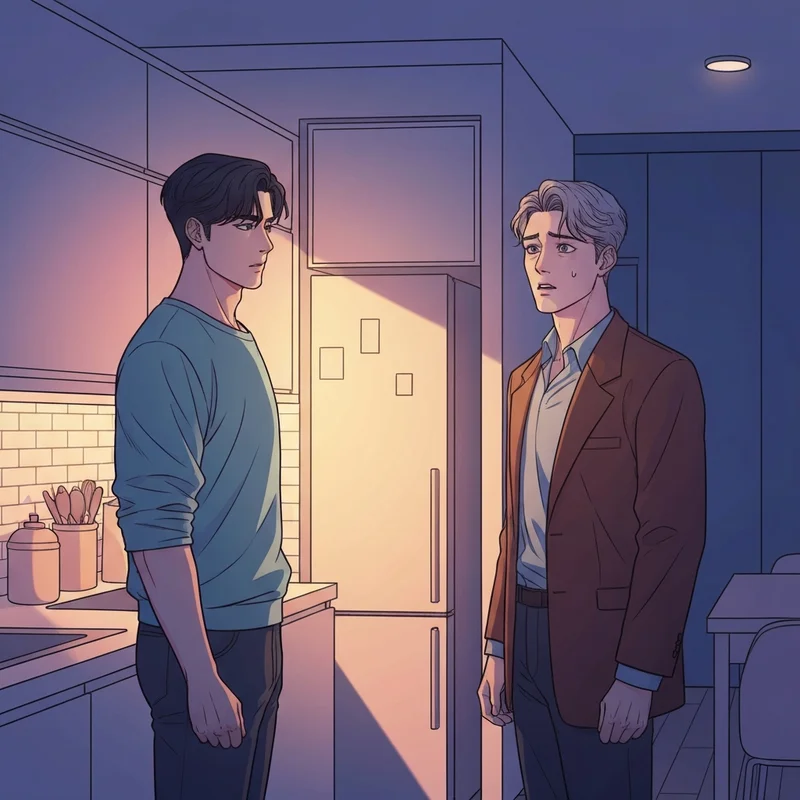 Two main characters from the stranger than friends manga standing in a kitchen with emotional tension.