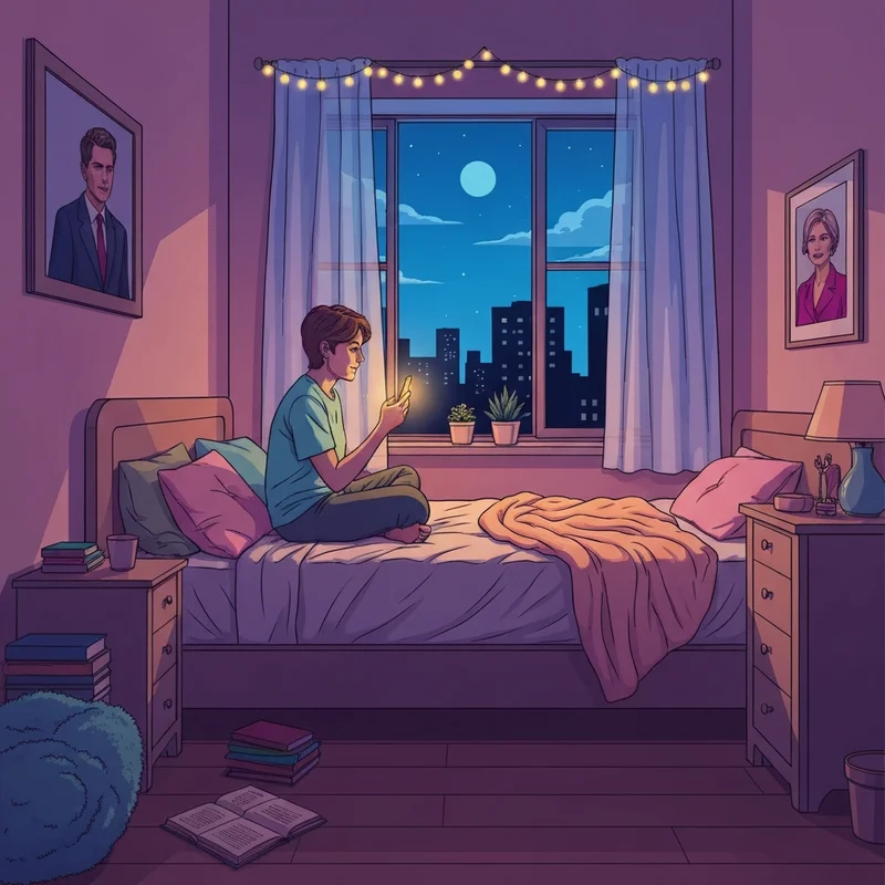 A young person sending a goodnight my good friend text in a cozy bedroom at night.