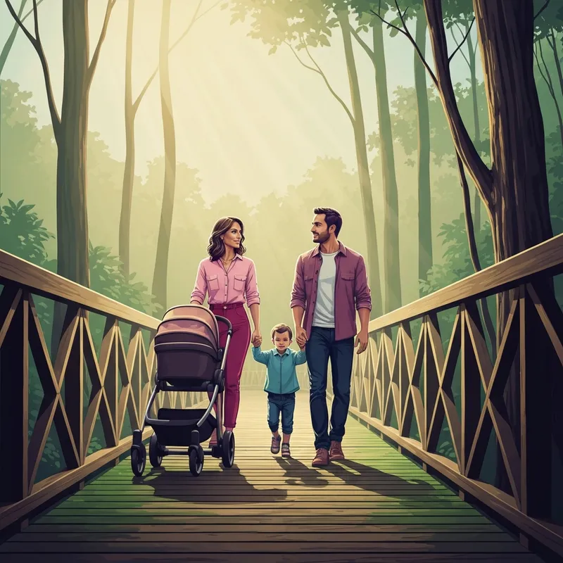 A young family enjoying one of the family friendly hikes near me on a beautiful shaded boardwalk trail.
