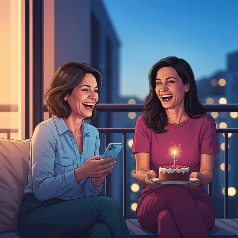 Two best friends laughing together while sharing a happy birthday wish for a friend on a smartphone.