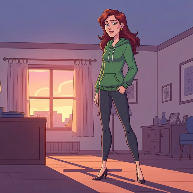 A cinematic digital illustration of a character from the Cummy Friends parody universe in a stylized room.