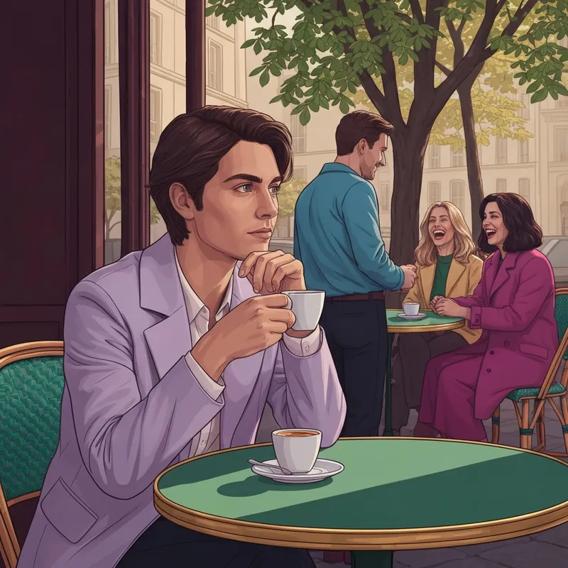 A young woman attempting to make a friend in France at a Parisian cafe.