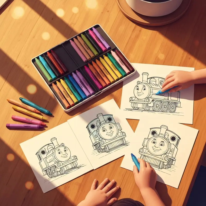 A toddler using blue crayons on thomas and friends coloring pages on a wooden table.