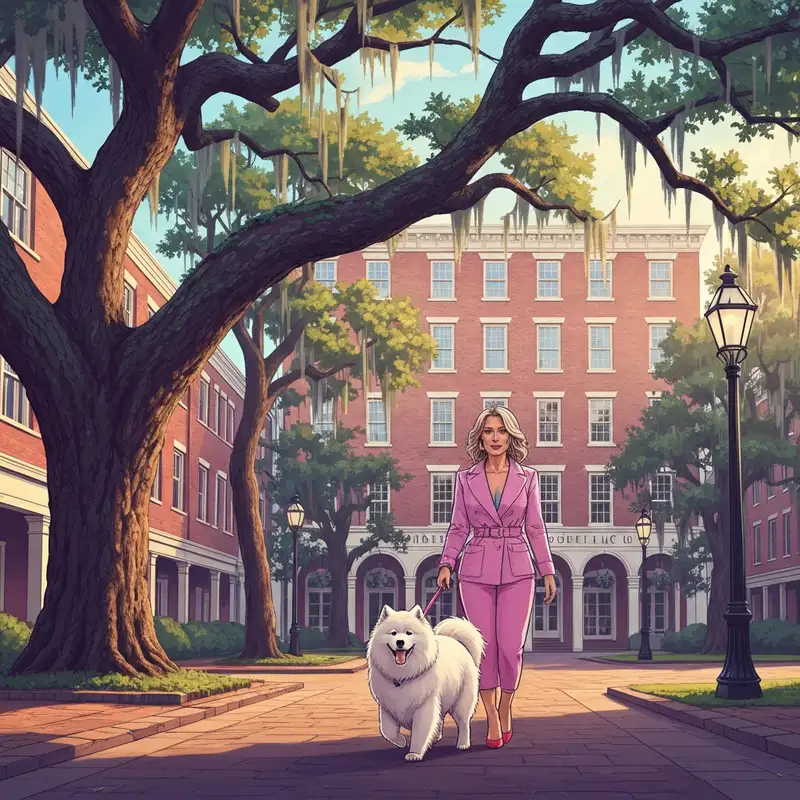 A stylish woman walking her dog near pet friendly hotels savannah ga in a historic square.