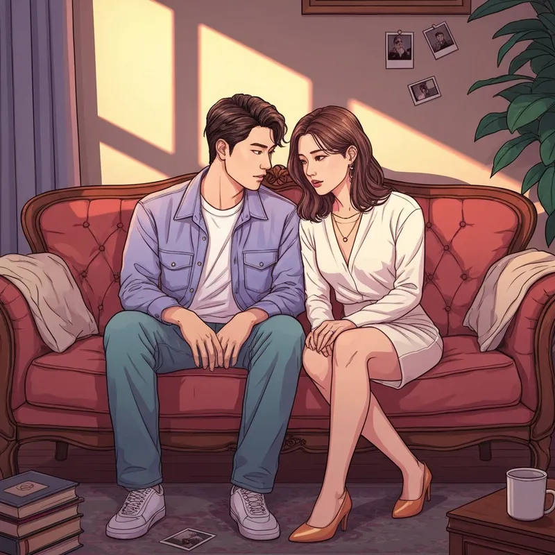 Two young adults sitting close together on a couch, illustrating the tension in Childhood Friend Complex Chapter 1.