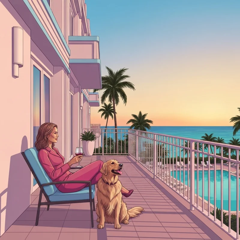 A woman and her dog enjoying the balcony view at one of the luxury pet friendly fort lauderdale hotels during sunset.
