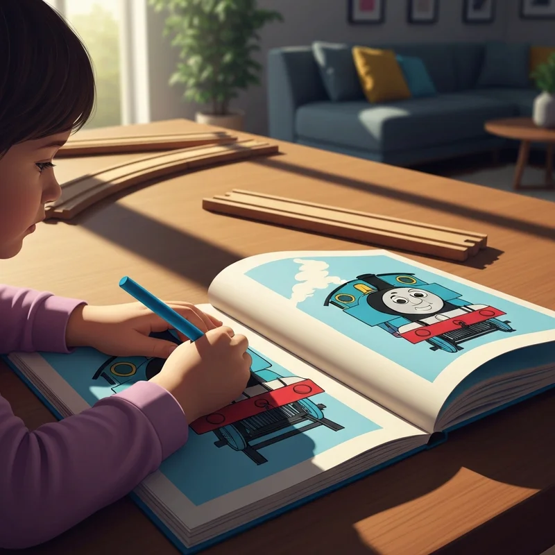 A child's hands using a blue crayon in a thomas and friends colouring book to develop fine motor skills.