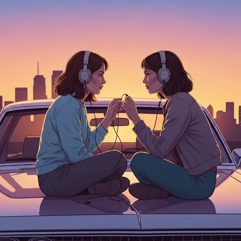 Two best friends sharing a song about best friends while watching a sunset on a car hood.