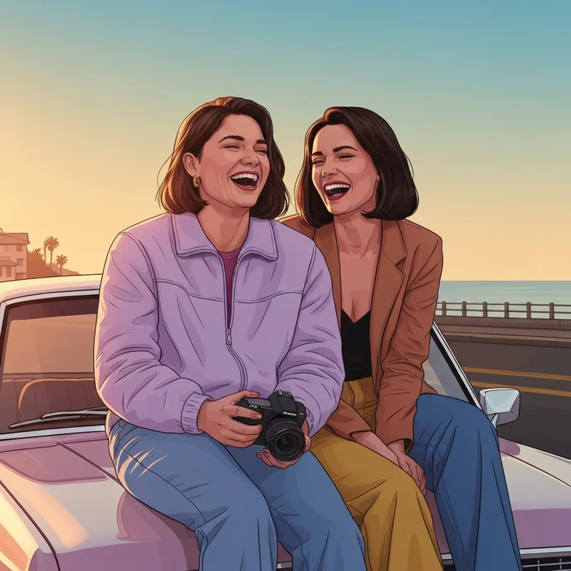 Two best friends laughing together during sunset to celebrate when is national girl best friends day.