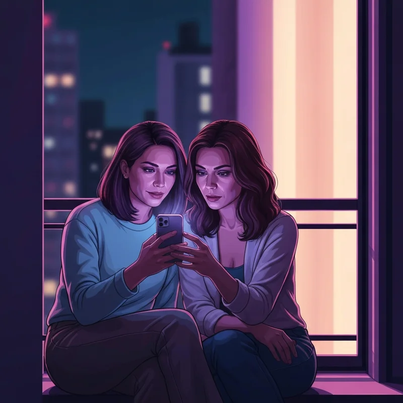 Two young women sharing a digital moment on a neon balcony, illustrating the deep connection and various words for friend used in modern social circles.