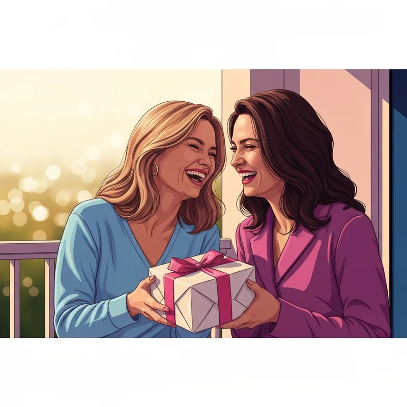 Two best friends laughing together while opening a thoughtful best friend birthday gift during golden hour.