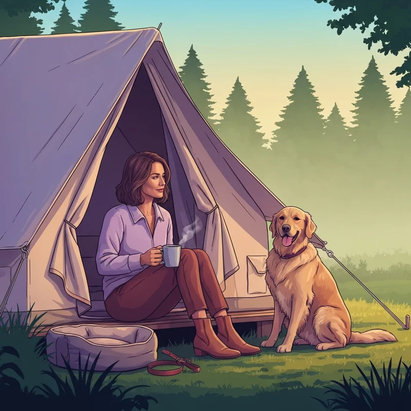 A peaceful morning scene at one of the dog friendly campgrounds near me with a pet parent and her golden retriever.