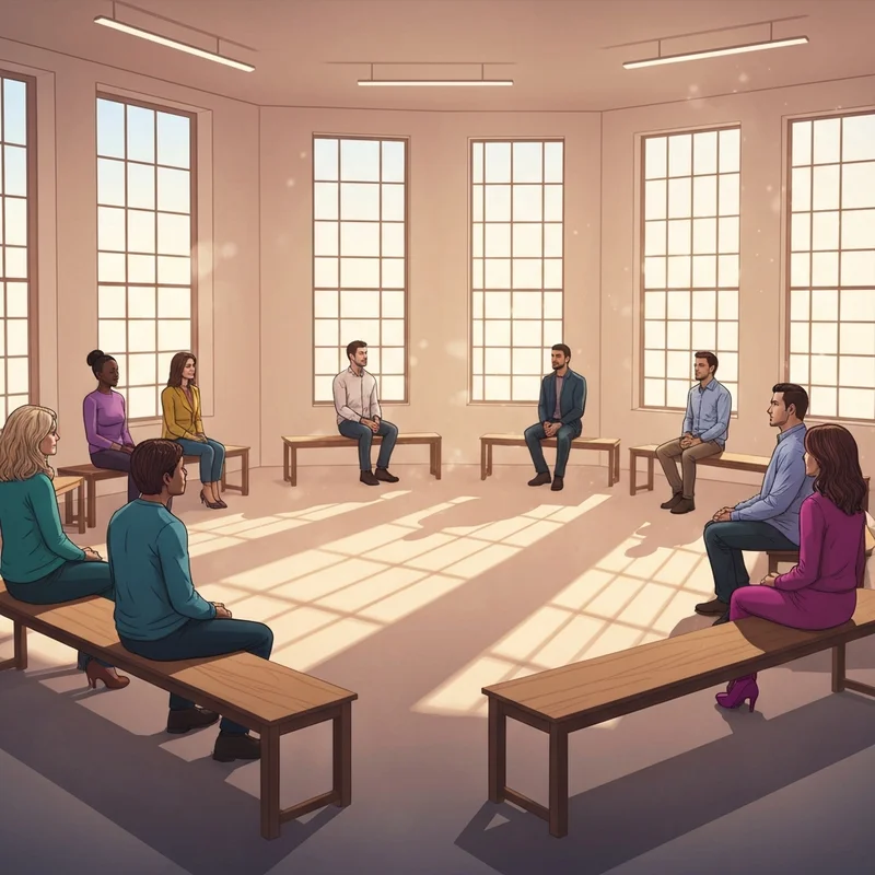 A diverse group of young adults practicing silent worship at a Religious Society of Friends meeting house.