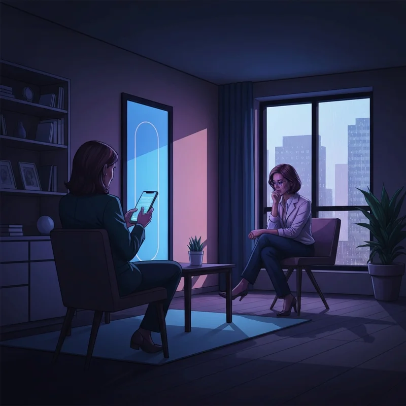 A young digital nomad exploring the FriendFinder-X platform in a neon-lit urban apartment.