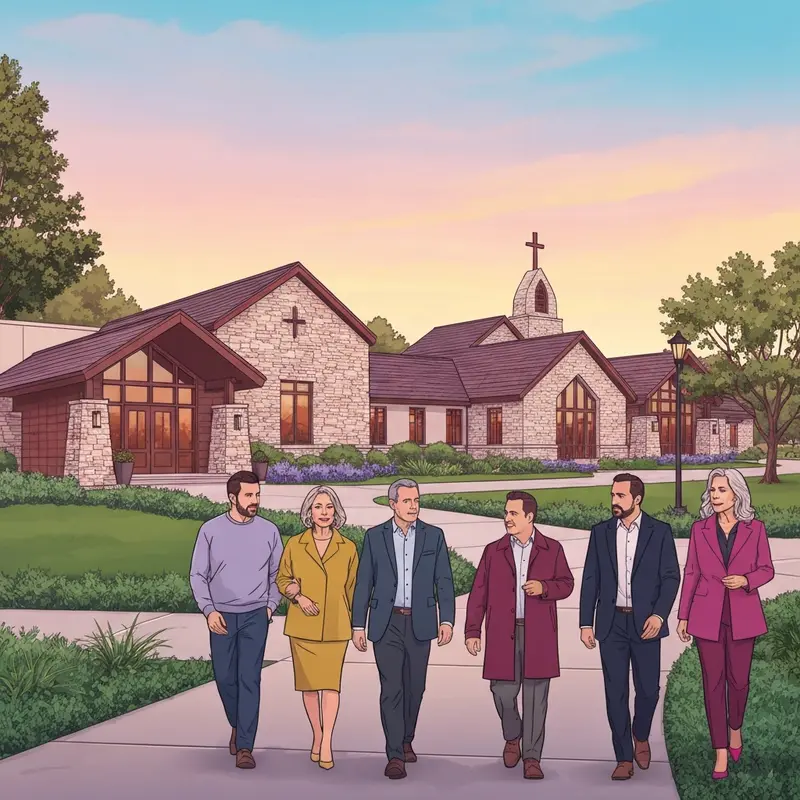 The exterior of Friends Church Yorba Linda during a peaceful sunset, highlighting the welcoming suburban campus.