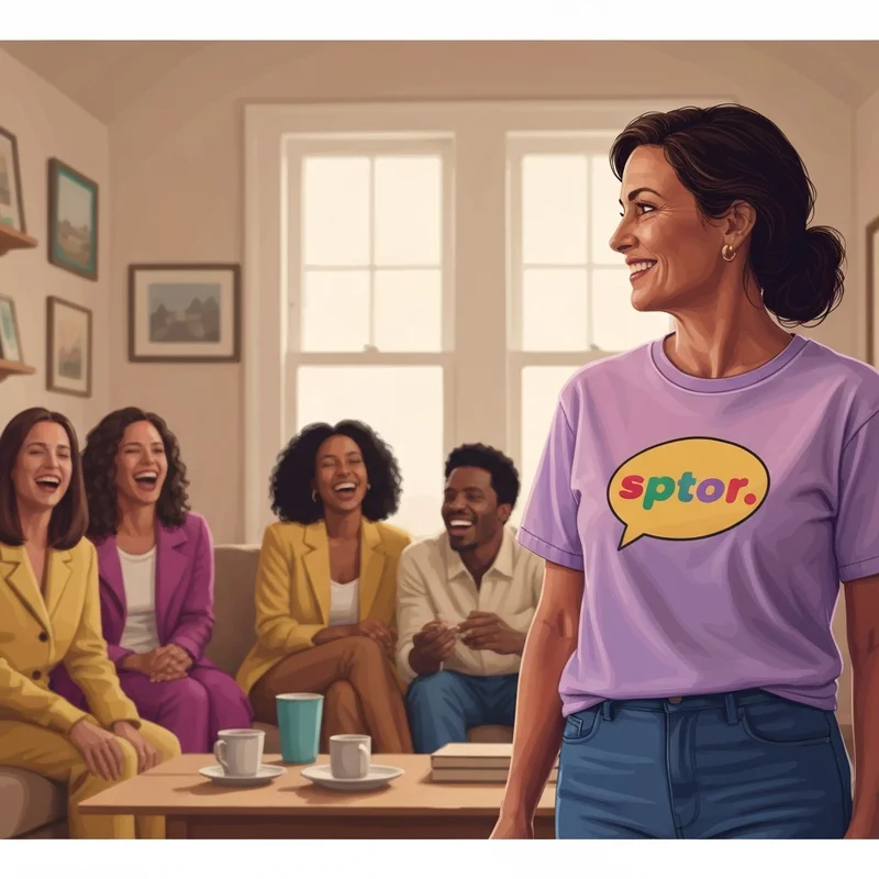 A stylish woman wearing a vintage-inspired friends tshirt in a communal living setting.