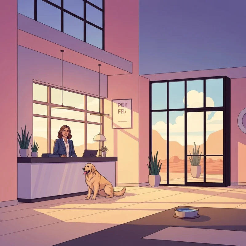 A Golden Retriever sitting in a lobby of one of the pet friendly hotels lubbock tx during a sunny day.