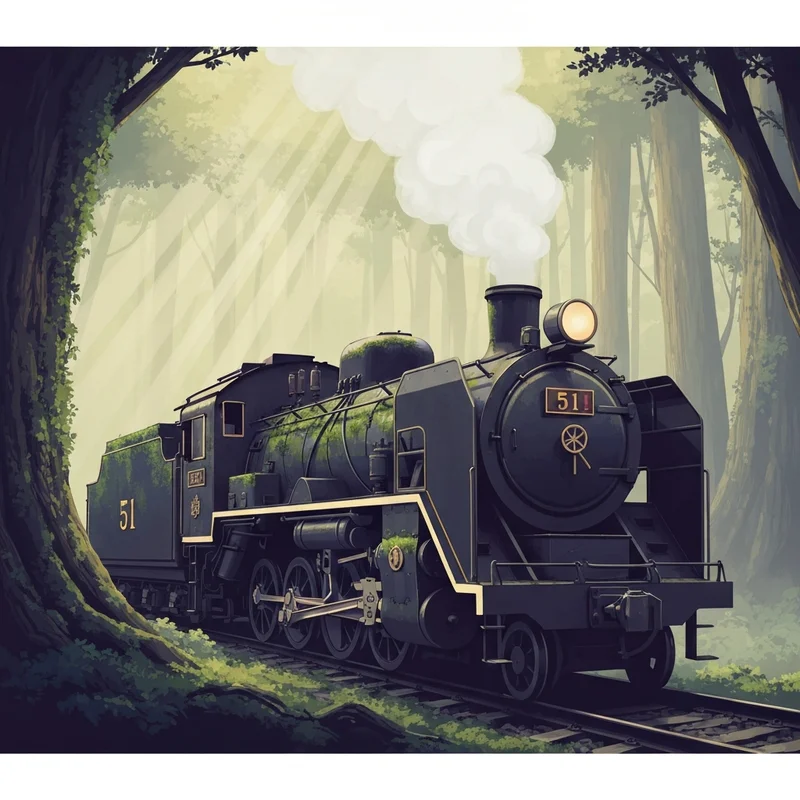 The legendary Hiro Thomas and Friends engine hidden in the woods, representing the Master of the Railway.
