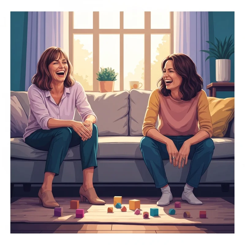 Two millennial mom friends laughing together over a happy mothers day friend funny message in a messy living room.