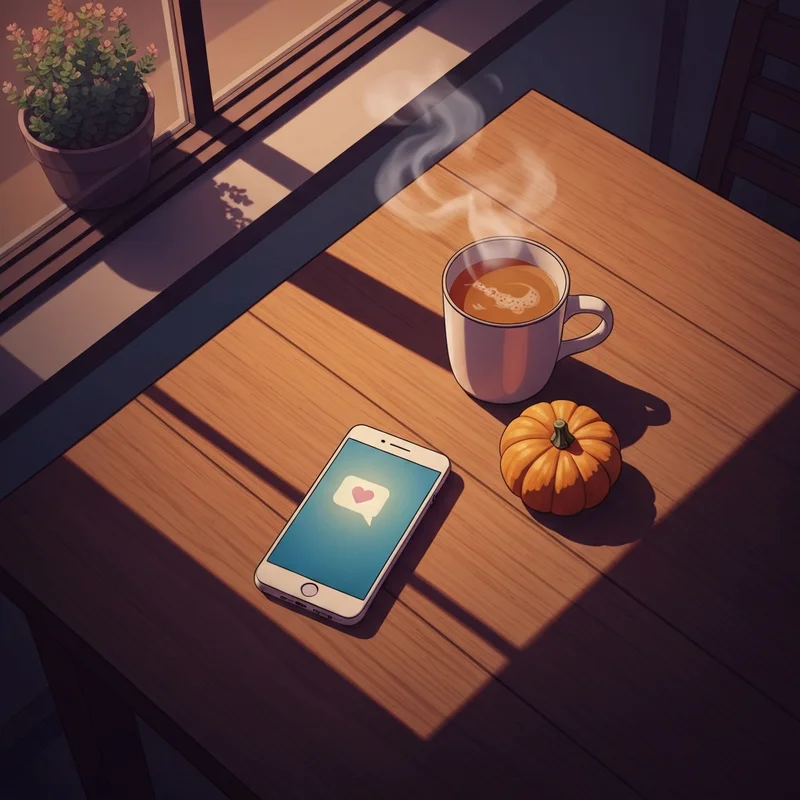 A cozy autumn setting showing a smartphone with a message sent to happy thanksgiving family and friends.