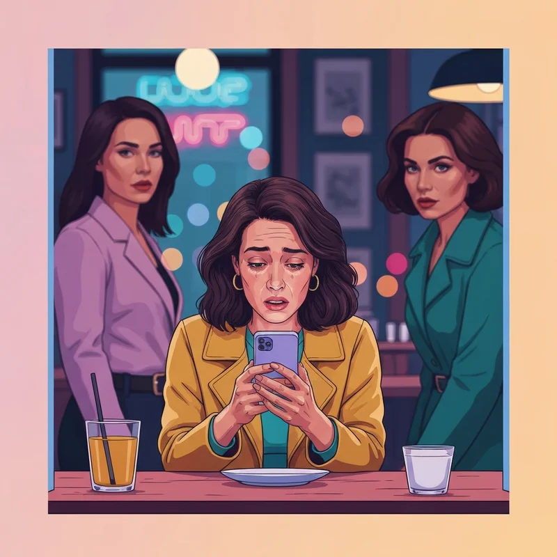 A young woman looking upset at her phone reflecting the social drama of the enemy of my friend.