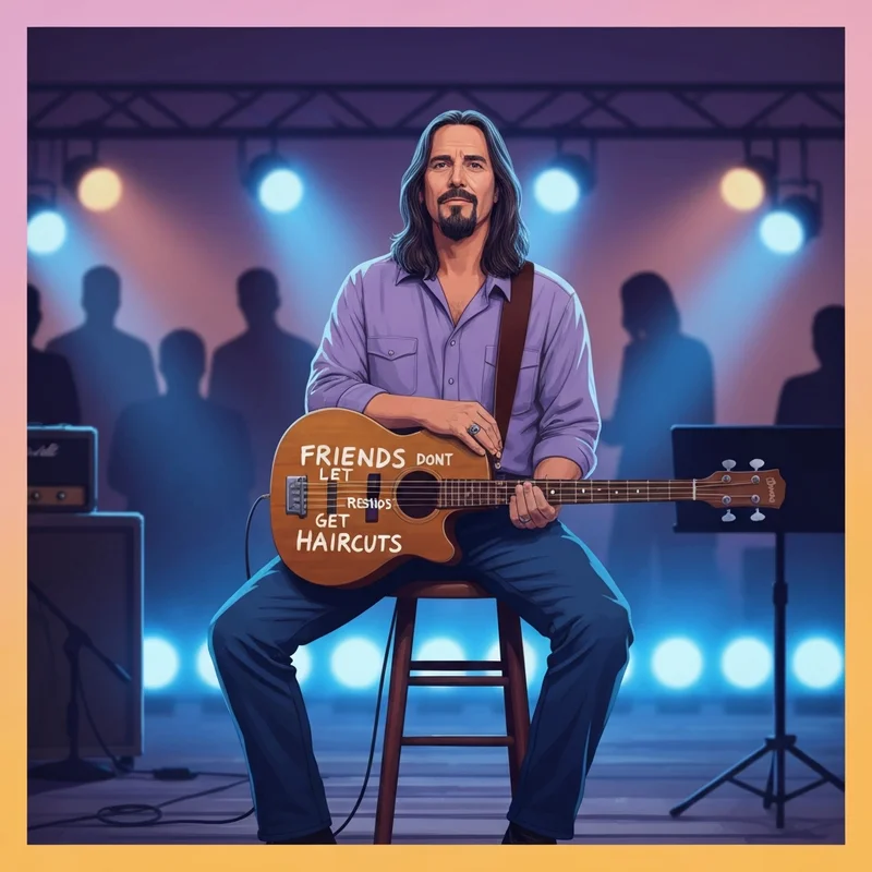 A 90s rock bassist with a handwritten message on his bass that reads friends don't let friends get friends haircuts.