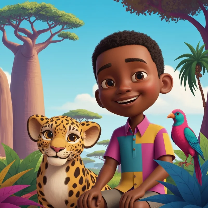 A joyful scene representing the spirit of kunda and friends with characters in a vibrant African setting.