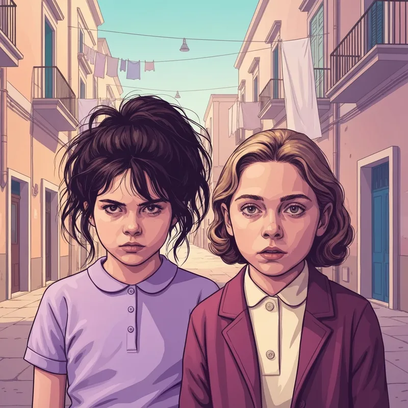 Two young girls on a dusty Italian street, capturing the complex friendship dynamics discussed in this My Brilliant Friend book review.