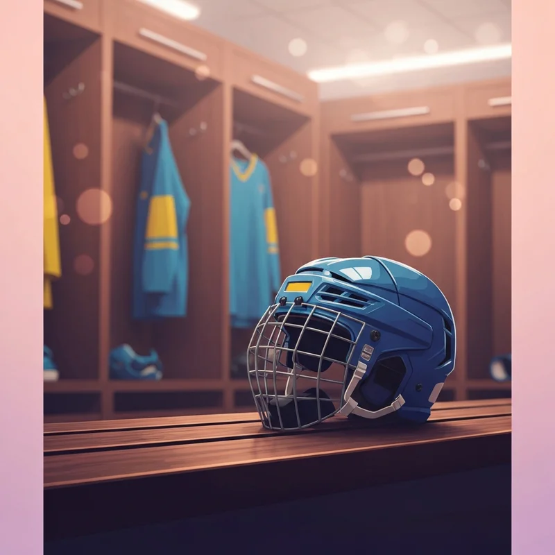 A professional hockey helmet and equipment representing the Buffalo Sabres in a dramatic locker room setting.