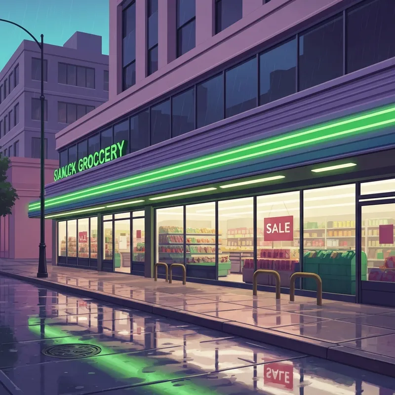 A modern storefront reflecting the news of Amazon Fresh grocery stores closing.