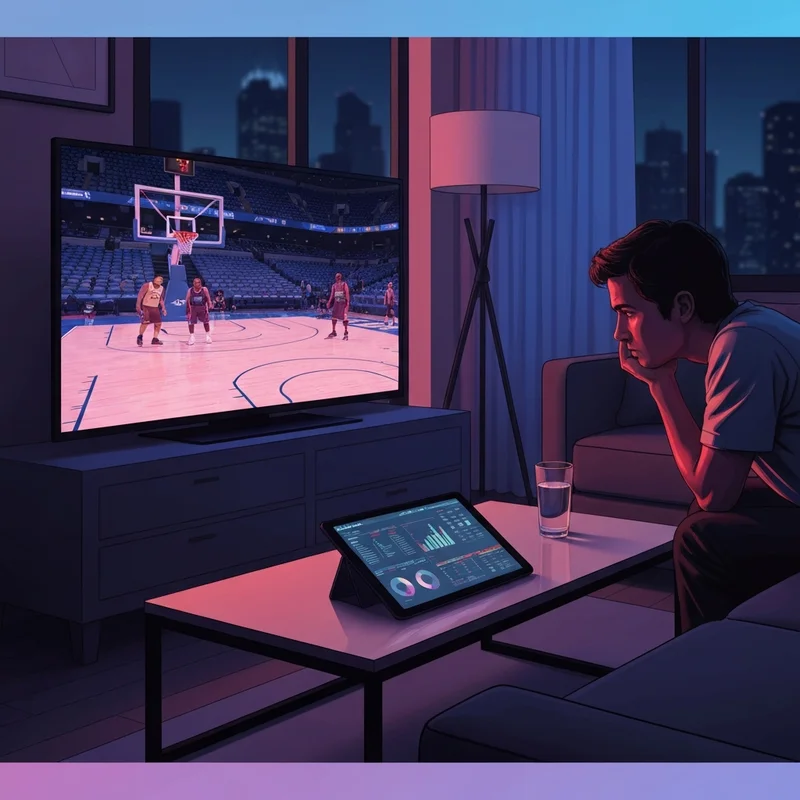 A dedicated fan watching the trail blazers vs wizards game in a dark room while analyzing player statistics.