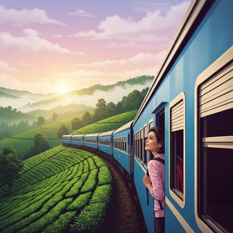 A vintage train traveling through the lush green tea country of Sri Lanka during a misty morning.