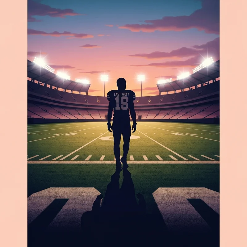 A college football player preparing for the east-west shrine bowl at sunset.