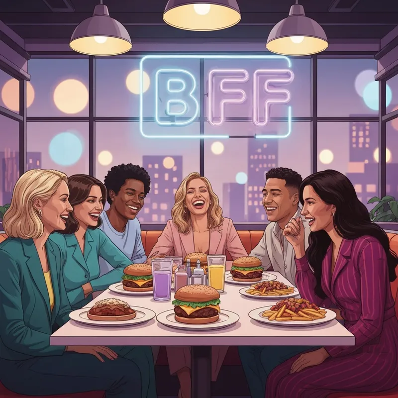 A diverse group of Gen Z friends laughing and eating at a best friends forever restaurant with neon signs and smash burgers.