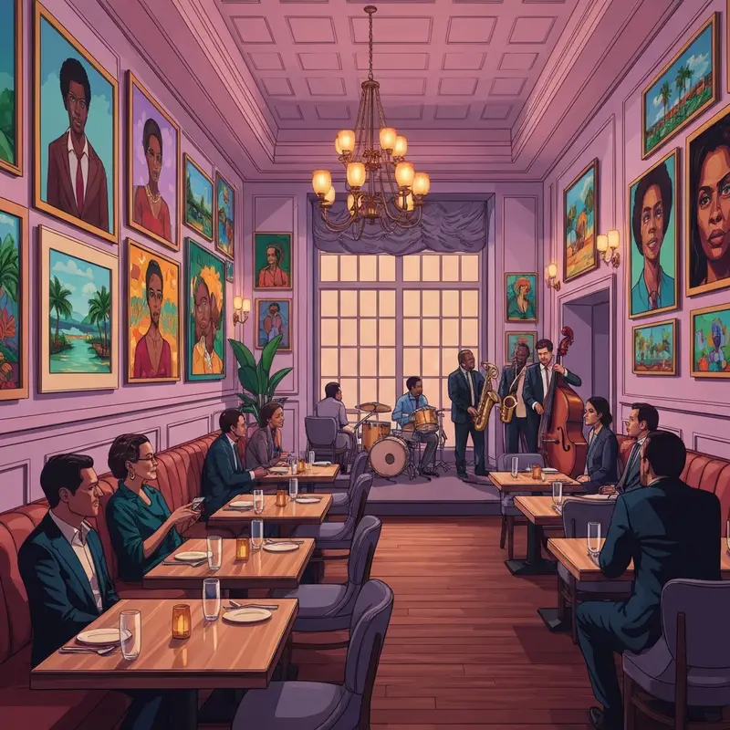 The elegant, art-filled dining room of alvin and friends new rochelle new york featuring live jazz and vibrant oil paintings.