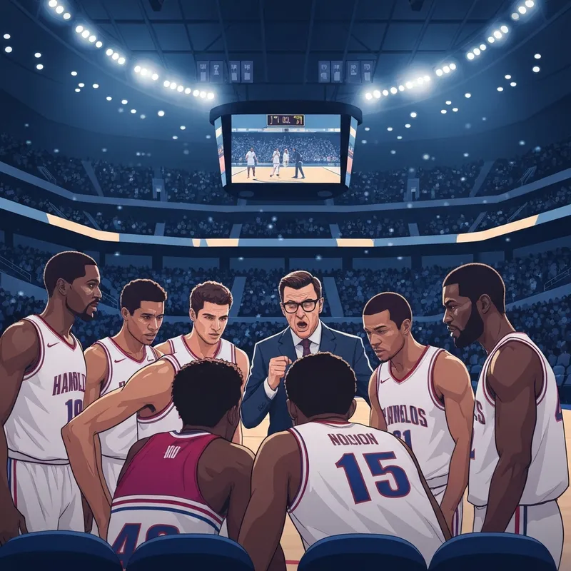 The uconn men's basketball team huddling during a high-stakes game at Gampel Pavilion under dramatic arena lighting.